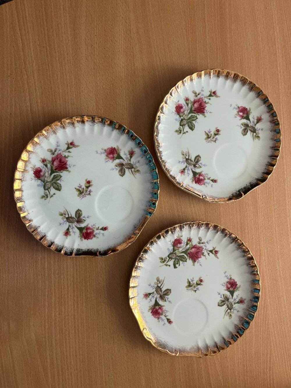 3 Vintage Japan sea shell shape porcelain snack plate cup holder saucer roses